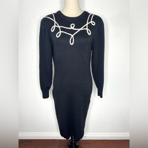 VINTAGE 1980s John Richard Sweater Dress Midi Knit Black Cream Midi Size Medium - Picture 1 of 8